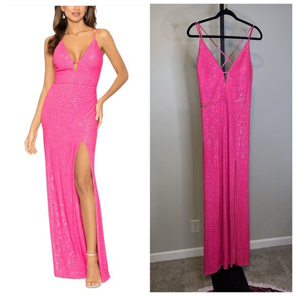 XSCAPE HOT PINK SEQUIN LONG DRESS WITH BOW ON THE BACK - Picture 1 of 7